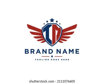 Letter TM shield wings usa initial logo . Suitable for american mascot, emblem, sport team, or many area of business.