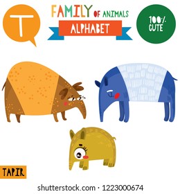 Letter T-Mega big set.Cute vector alphabet with family of animals in cartoon style.