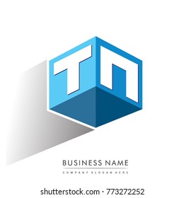 Letter TN logo in hexagon shape and blue background, cube logo with letter design for company identity.
