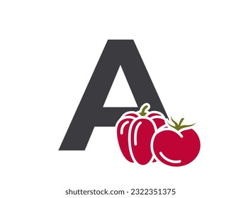 letra a con tomate y pimienta. logotipo del alfabeto vegetal. cosecha y diseño agrícola. imagen vectorial aislada
