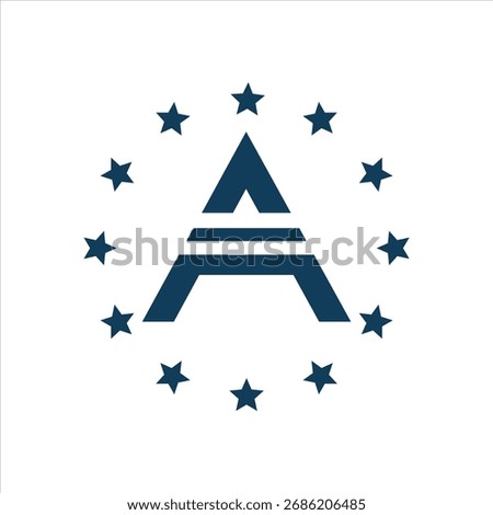 Letter A Tower Shape Logo Surrounded by Twelve Stars with Dark Blue Accent for Branding Design