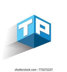 Letter TP logo in hexagon shape and blue background, cube logo with letter design for company identity.
