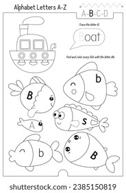 Letter Trace, find and color Worksheet for Kids Activity Book. For Letter B. Preschool activities for toddler and teacher. Black and white Vector printable page for Exercise book. Cute illustration