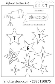 Letter Trace, find and color Worksheet for Kids Activity Book. For Letter T. Preschool activities for toddler and teacher. Black and white Vector printable page for Exercise book. Cute illustration – 