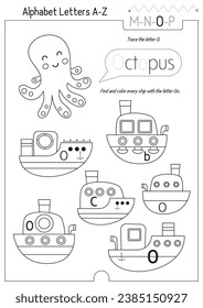 Letter Trace, find and color Worksheet for Kids Activity Book. For Letter O. Preschool activities for toddler and teacher. Black and white Vector printable page for Exercise book. Cute illustration – 