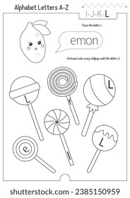 Letter Trace, find and color Worksheet for Kids Activity Book. For Letter L. Preschool activities for toddler and teacher. Black and white Vector printable page for Exercise book. Cute illustration – 