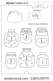 Letter Trace, find and color Worksheet for Kids Activity Book. For Letter J. Preschool activities for toddler and teacher. Black and white Vector printable page for Exercise book. Cute illustration – 