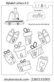 Letter Trace, find and color Worksheet for Kids Activity Book. For Letter G. Preschool activities for toddler and teacher. Black and white Vector printable page for Exercise book. Cute characters – Gi
