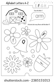 Letter Trace, find and color Worksheet for Kids Activity Book. For Letter F. Preschool activities for toddler and teacher. Black and white Vector printable page for Exercise book. Cute characters – Fa