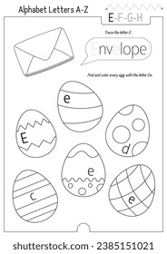 Letter Trace, find and color Worksheet for Kids Activity Book. For Letter E. Preschool activities for toddler and teacher. Black and white Vector printable page for Exercise book. Cute characters – En