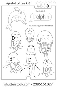 Hoja de trabajo de seguimiento, búsqueda y color de la carta para el libro de actividad infantil. Por la letra D. Actividades preescolares para niños pequeños y maestros. Página imprimible de vectores en blanco y negro para el libro de ejercicios. Caracteres de corte - Hacer