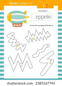 Letter Trace, find and color Worksheet for Kids Activity Book. For Letter Z. Preschool activities for toddler and teacher. Vector printable page for Exercise book. Cute illustration – Zeppelin.