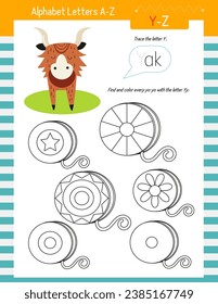 Letter Trace, find and color Worksheet for Kids Activity Book. For Letter Y. Preschool activities for toddler and teacher. Vector printable page for Exercise book. Cute illustration – Yak.