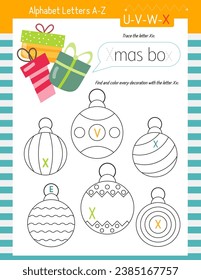 Hoja de trabajo de seguimiento, búsqueda y color de la carta para el libro de actividad infantil. Para la letra X. Actividades preescolares para niños pequeños y maestros. Página de imprimible vectores para libro de ejercicios. Ilustración personalizada - caja de Navidad.