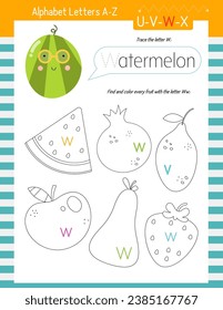 Letter Trace, find and color Worksheet for Kids Activity Book. For Letter W. Preschool activities for toddler and teacher. Vector printable page for Exercise book. Cute illustration – Watermelon.