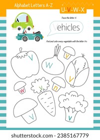 Letter Trace, find and color Worksheet for Kids Activity Book. For Letter V. Preschool activities for toddler and teacher. Vector printable page for Exercise book. Cute illustration – Vehicles