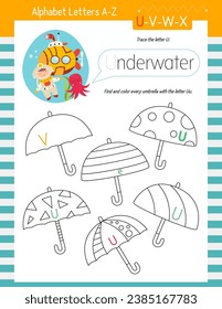 Letter Trace, find and color Worksheet for Kids Activity Book. For Letter U. Preschool activities for toddler and teacher. Vector printable page for Exercise book. Cute illustration – Underwater