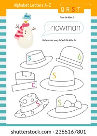 Letter Trace, find and color Worksheet for Kids Activity Book. For Letter S. Preschool activities for toddler and teacher. Vector printable page for Exercise book. Cute illustration – Snowman.