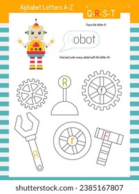 Letter Trace, find and color Worksheet for Kids Activity Book. For Letter R. Preschool activities for toddler and teacher. Vector printable page for Exercise book. Cute illustration – Robot.