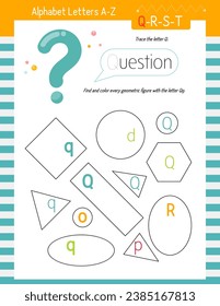 Letter Trace, find and color Worksheet for Kids Activity Book. For Letter Q. Preschool activities for toddler and teacher. Vector printable page for Exercise book. Cute illustration – Question.