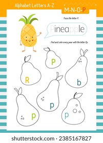 Letter Trace, find and color Worksheet for Kids Activity Book. For Letter P. Preschool activities for toddler and teacher. Vector printable page for Exercise book. Cute illustration – Pineapple.