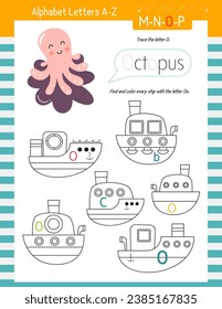 Letter Trace, find and color Worksheet for Kids Activity Book. For Letter O. Preschool activities for toddler and teacher. Vector printable page for Exercise book. Cute illustration – Octopus.