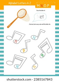 Letter Trace, find and color Worksheet for Kids Activity Book. For Letter N. Preschool activities for toddler and teacher. Vector printable page for Exercise book. Cute illustration – Net.