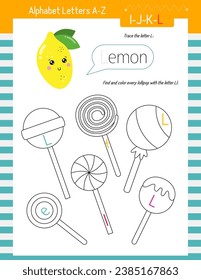 Letter Trace, find and color Worksheet for Kids Activity Book. For Letter L. Preschool activities for toddler and teacher. Vector printable page for Exercise book. Cute illustration – lemon, lollypop.