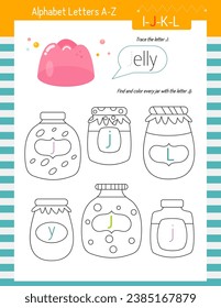 Letter Trace, find and color Worksheet for Kids Activity Book. For Letter J. Preschool activities for toddler and teacher. Vector printable page for Exercise book. Cute illustration – Jelly.