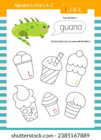 Letter Trace, find and color Worksheet for Kids Activity Book. For Letter I. Preschool activities for toddler and teacher. Vector printable page for Exercise book. Cute characters – Iguana.