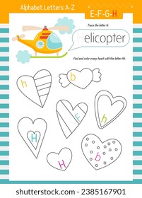 Letter Trace, find and color Worksheet for Kids Activity Book. For Letter H. Preschool activities for toddler and teacher. Vector printable page for Exercise book. Cute characters – Helicopter.