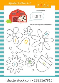 Letter Trace, find and color Worksheet for Kids Activity Book. For Letter F. Preschool activities for toddler and teacher. Vector printable page for Exercise book. Cute characters – Farm cow.