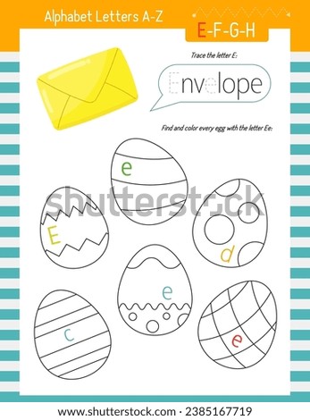 Letter Trace, find and color Worksheet for Kids Activity Book. For Letter E. Preschool activities for toddler and teacher. Vector printable page for Exercise book. Cute characters – Envelope.