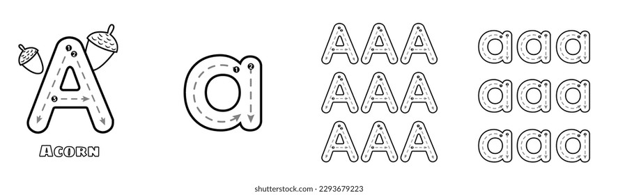 Letter A trace uppercase and lowercase ABC alphabet worksheet for kids English vocabulary. Handwriting tracing practice vector illustration svg