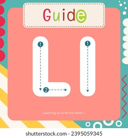 Letter Tracing Flash Card for kids. Guide – learning to write letter L. Preschool tracing and writing practice for toddler and teacher. Activity book vector printable square page