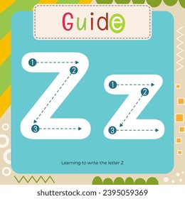 Letter Tracing Flash Card for kids. Guide – learning to write letter Z. Preschool tracing and writing practice for toddler and teacher. Activity book vector printable square page