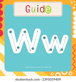 Letter Tracing Flash Card for kids. Guide – learning to write letter W. Preschool tracing and writing practice for toddler and teacher. Activity book vector printable square page
