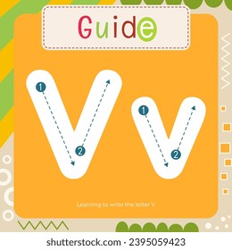 Letter Tracing Flash Card for kids. Guide – learning to write letter V. Preschool tracing and writing practice for toddler and teacher. Activity book vector printable square page