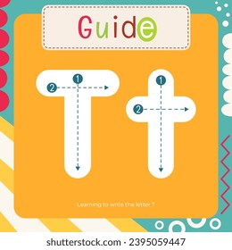 Letter Tracing Flash Card for kids. Guide – learning to write letter T. Preschool tracing and writing practice for toddler and teacher. Activity book vector printable square page