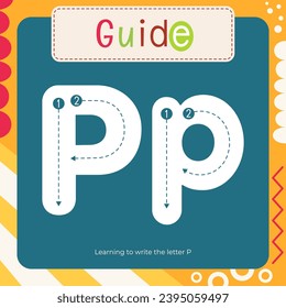 Letter Tracing Flash Card for kids. Guide – learning to write letter P. Preschool tracing and writing practice for toddler and teacher. Activity book vector printable square page