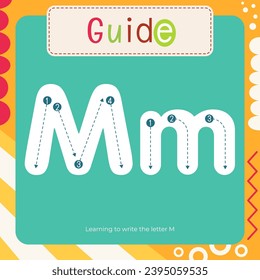 Letter Tracing Flash Card for kids. Guide – learning to write letter M. Preschool tracing and writing practice for toddler and teacher. Activity book vector printable square page