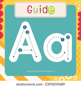 Letter Tracing Flash Card for kids. Guide – learning to write letter A. Preschool tracing and writing practice for toddler and teacher. Activity book vector printable square page