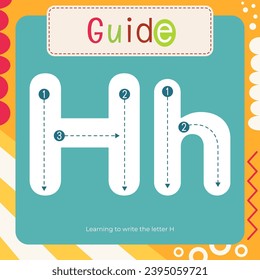 Letter Tracing Flash Card for kids. Guide – learning to write letter H. Preschool tracing and writing practice for toddler and teacher. Activity book vector printable square page