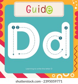 Letter Tracing Flash Card for kids. Guide – learning to write letter D. Preschool tracing and writing practice for toddler and teacher. Activity book vector printable square page
