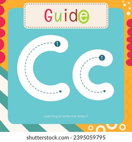 Letter Tracing Flash Card for kids. Guide – learning to write letter C. Preschool tracing and writing practice for toddler and teacher. Activity book vector printable square page