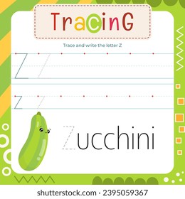 Letter Tracing Flash Card. Writing Letter Z uppercase and lowercase, trace Z in word Zucchini.  Worksheet to teach kids handwriting practice. Vector lined page for textbook