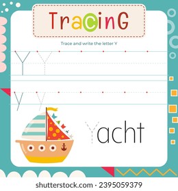 Letter Tracing Flash Card. Writing Letter Y uppercase and lowercase, trace Y in word Yacht.  Worksheet to teach kids handwriting practice. Vector lined page for textbook