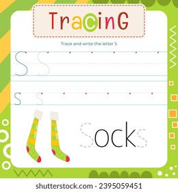 Letter Tracing Flash Card. Writing Letter S uppercase and lowercase, trace S in word Socks.  Worksheet to teach kids handwriting practice. Vector lined page for textbook