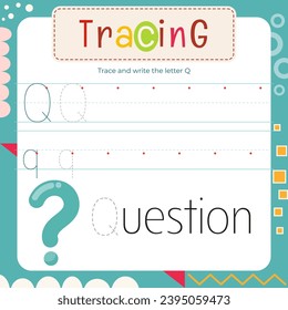 Letter Tracing Flash Card. Writing Letter Q uppercase and lowercase, trace Q in word Question.  Worksheet to teach kids handwriting practice. Vector lined page for textbook