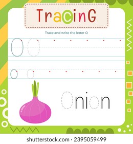 Tarjeta Flash de seguimiento de letras. Escribiendo la letra O mayúscula y minúscula, traza O en la palabra cebolla.  Hoja de trabajo para enseñar a los niños prácticas de escritura a mano. Página vectorial alineada para libro de texto